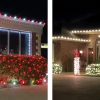 two houses decorated in Christmas lights