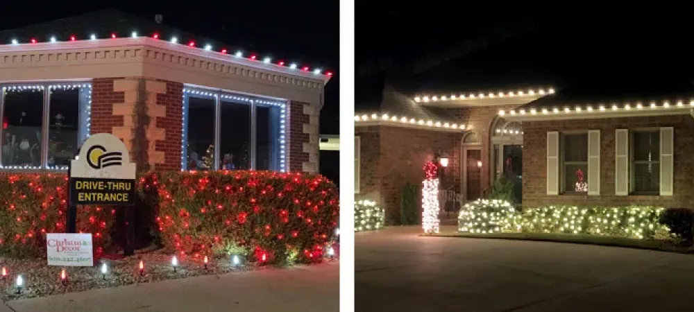 two houses decorated in Christmas lights